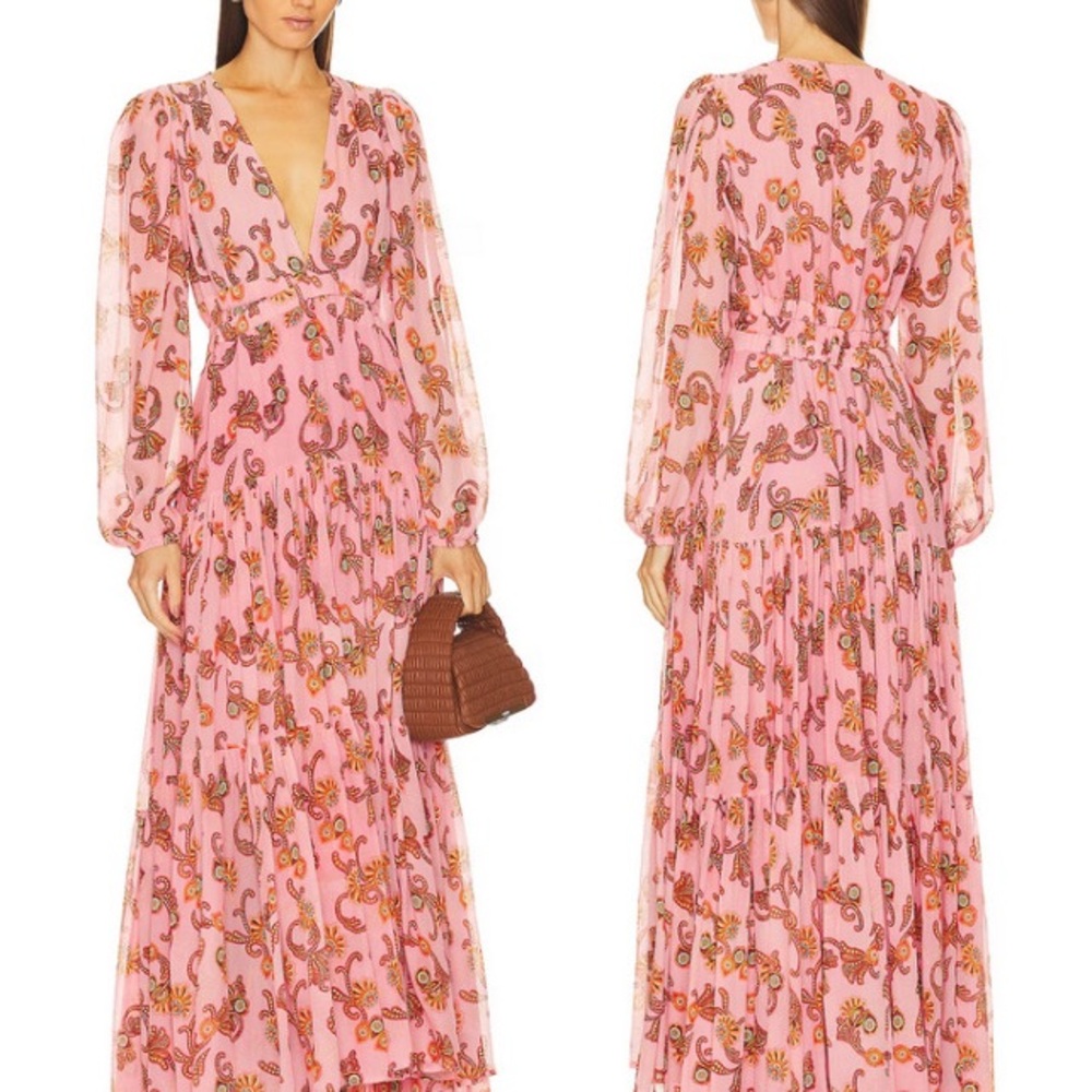 NWT A.L.C. Annie Tiered Printed Silk Maxi Dress in Rosa Multi